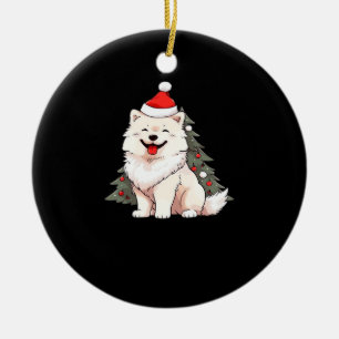 Cute Dog wearing Santa hat and Christmas tree Clas Ceramic Ornament