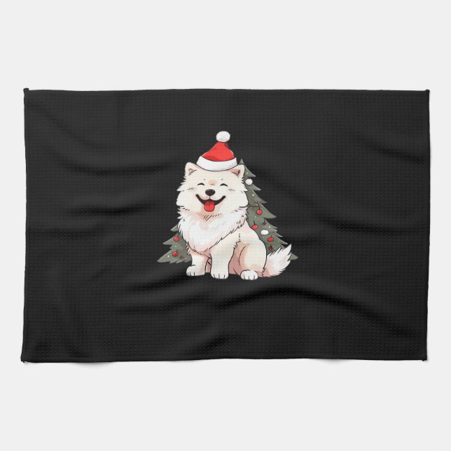 Cute Dog wearing Santa hat and Christmas tree Clas Kitchen Towel (Horizontal)