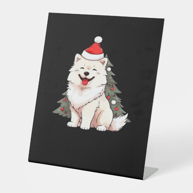 Cute Dog wearing Santa hat and Christmas tree Clas Pedestal Sign (Front)