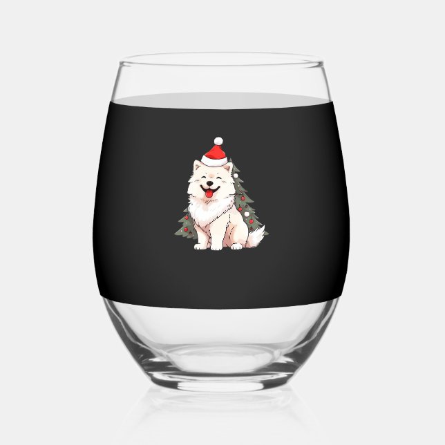 Cute Dog wearing Santa hat and Christmas tree Clas Stemless Wine Glass (Front)
