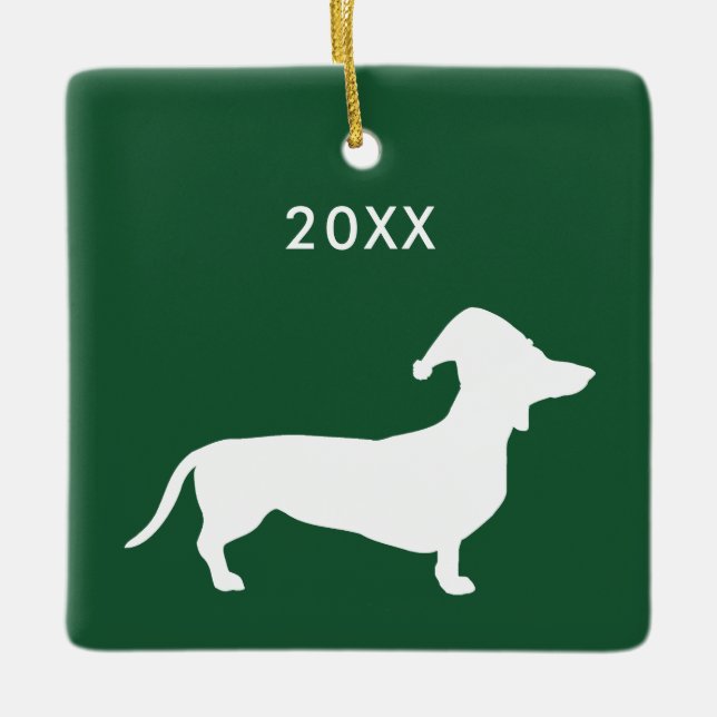 Cute Dog Wearing Santa Hat & Custom Year Ceramic Ornament (Front)