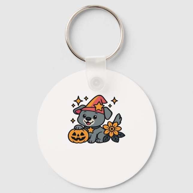 Cute Dog Witch hat Pumpkin Fun Halloween Oversized Keychain (Front)