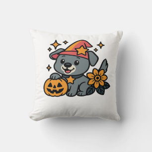Cute Dog Witch hat Pumpkin Fun Halloween Oversized Throw Pillow