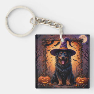 Cute Dog Witch Hat Pumpkin Halloween Scene Keychain