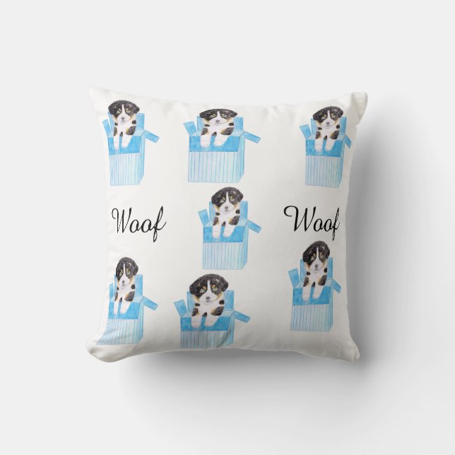 Cute Dog with a  blue box woof Throw Pillow (Front)