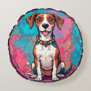Cute Dog With a Colourful Collar Round Pillow
