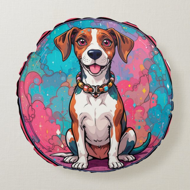 Cute Dog With a Colourful Collar Round Pillow (Front)