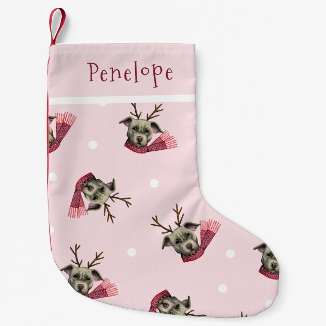Cute Dog with Antlers Pattern Personalized Small Christmas Stocking (Front)