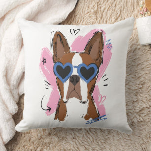 Cute Dog with Blue Heart Sunglasses on Pink Heart Throw Pillow