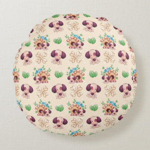 Cute Dog With Bones Tan  Round Pillow