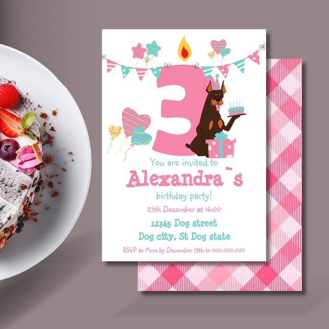 Cute dog with cake next to number Three Birthday Invitation (Cute dog with cake next to number Three Birthday Invitation)