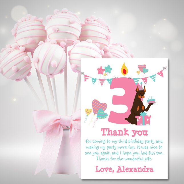 Cute dog with cake next to number Three Birthday Thank You Card (Creator Uploaded)