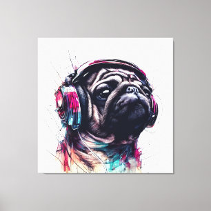 Cute Dog with Headphones water color illustration Canvas Print