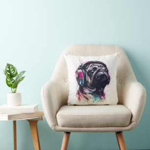 Cute Dog with Headphones water color illustration Throw Pillow