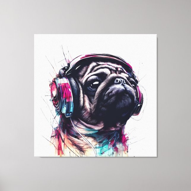 Cute Dog with Headphones water colour illustration Canvas Print (Front)