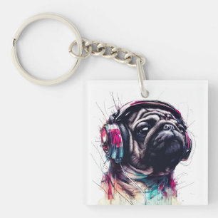 Cute Dog with Headphones water colour illustration Keychain