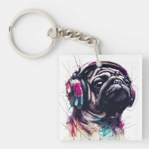 Cute Dog with Headphones water colour illustration Keychain