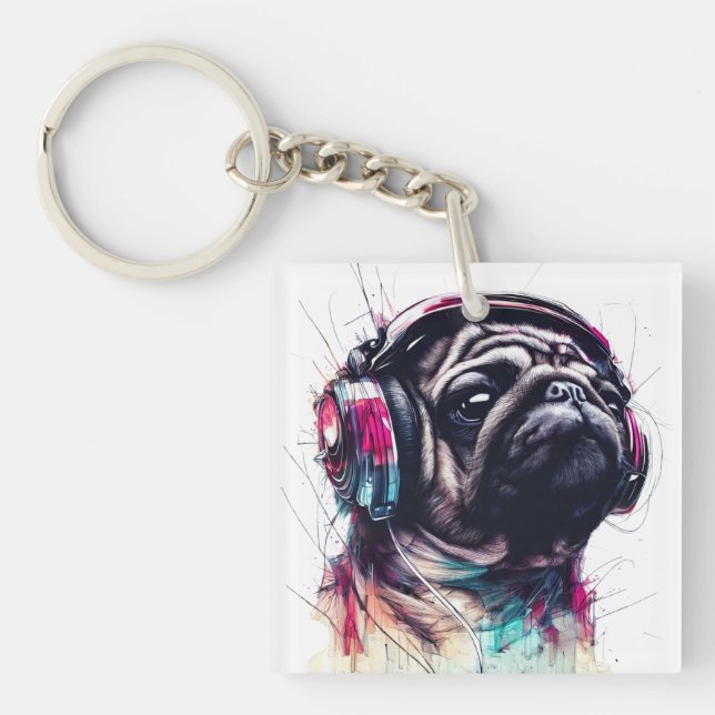 Cute Dog with Headphones water colour illustration Keychain (Front)