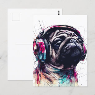 Cute Dog with Headphones water colour illustration Postcard
