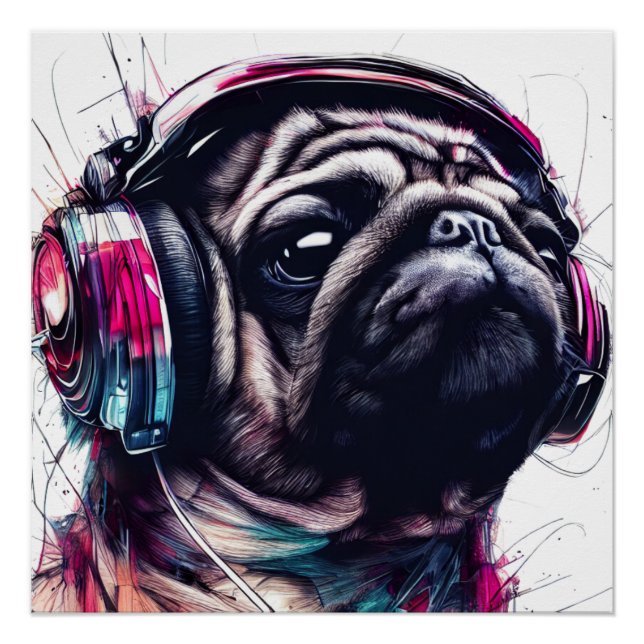Cute Dog with Headphones water colour illustration Poster (Front)
