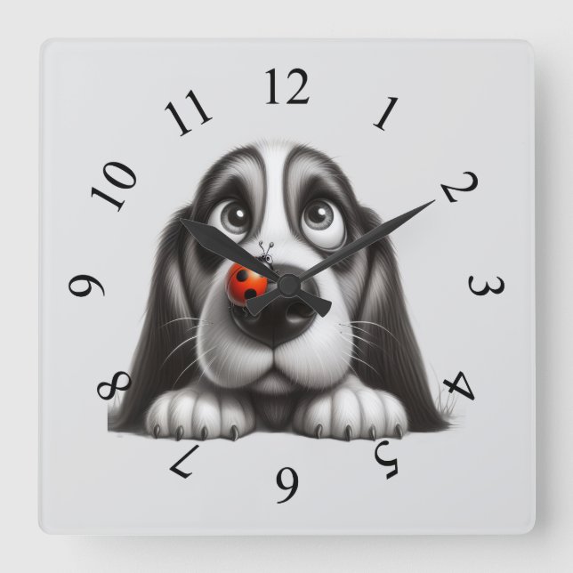 Cute dog with ladybug square wall clock (Front)