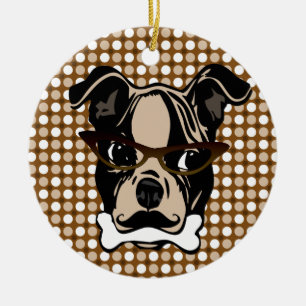 Cute Dog with Moustache, Eyeglasses & Bone in Ceramic Ornament