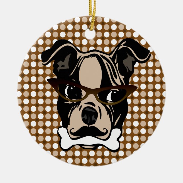 Cute Dog with Moustache, Eyeglasses & Bone in Ceramic Ornament (Front)