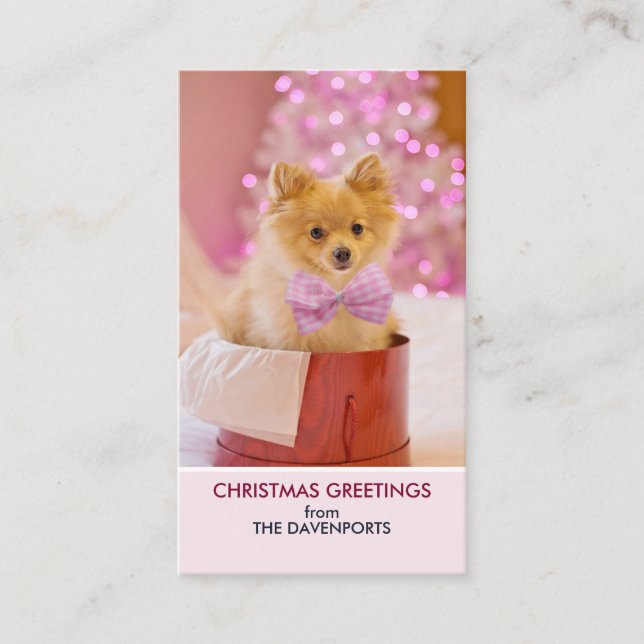 Cute Dog with Pink Bow Christmas Photo Business Card (Front)