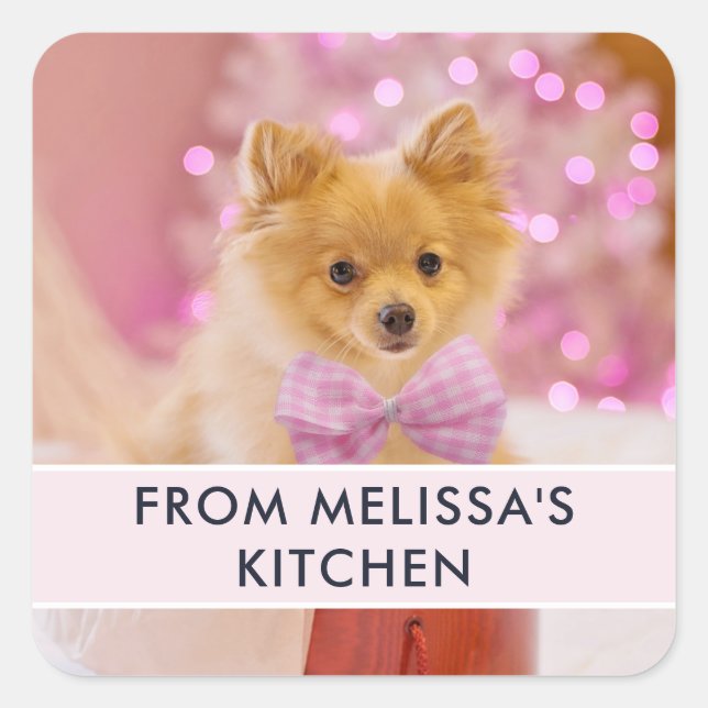 Cute Dog with Pink Bow Christmas Photo  Kitchen Square Sticker (Front)