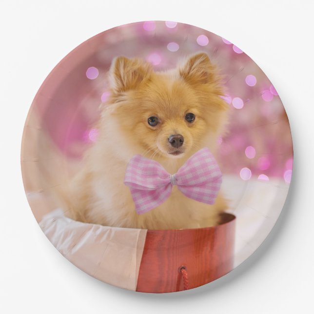 Cute Dog with Pink Bow Christmas Photo Paper Plate (Front)