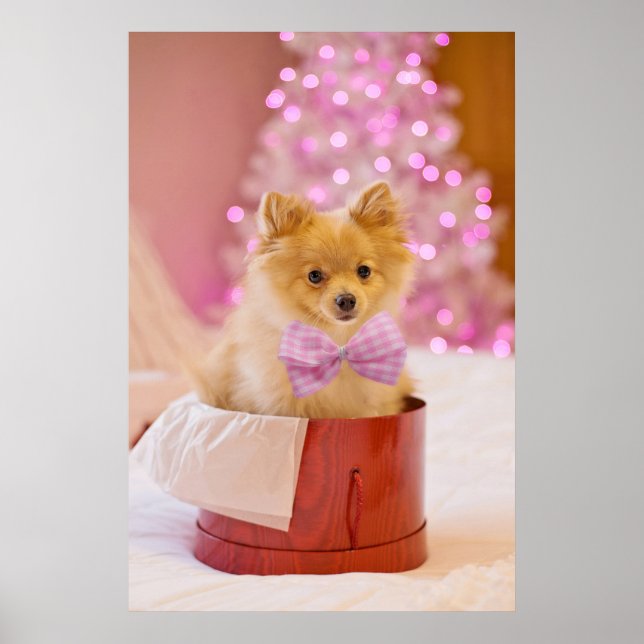 Cute Dog with Pink Bow Christmas Photo Poster (Front)