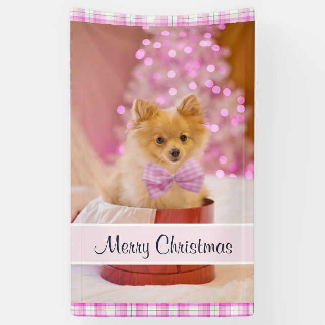 Cute Dog with Pink Bow Christmas Photograph Banner (Vertical)