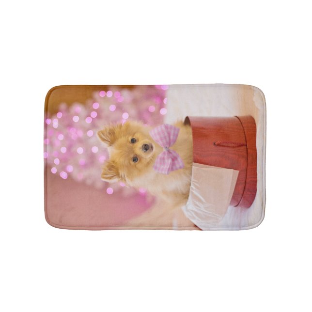 Cute Dog with Pink Bow Christmas Photograph Bath Mat (Front)