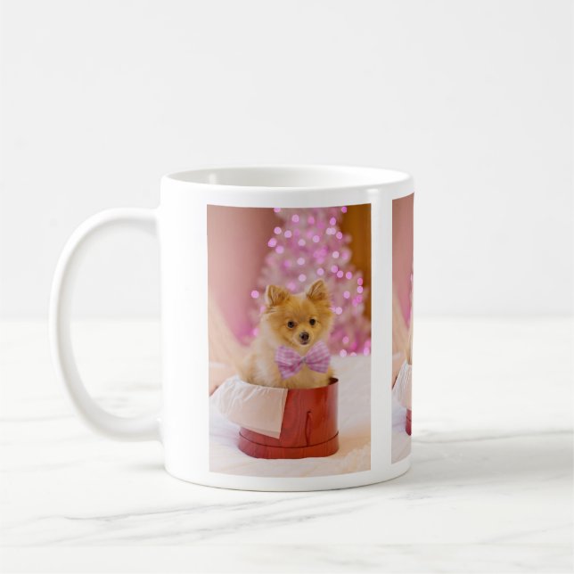 Cute Dog with Pink Bow Christmas Photograph Coffee Mug (Left)