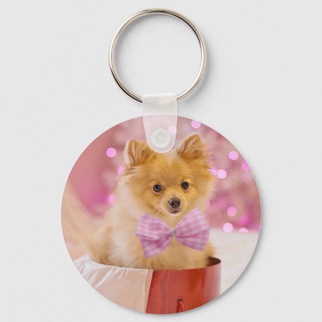 Cute Dog with Pink Bow Christmas Photograph Keychain (Front)