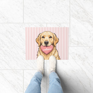 Cute Dog with Pink Heart Welcome Doormat