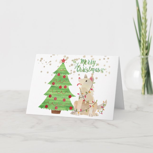 Cute Dog Wrapped in Christmas Lights Beside Tree Card (Front)