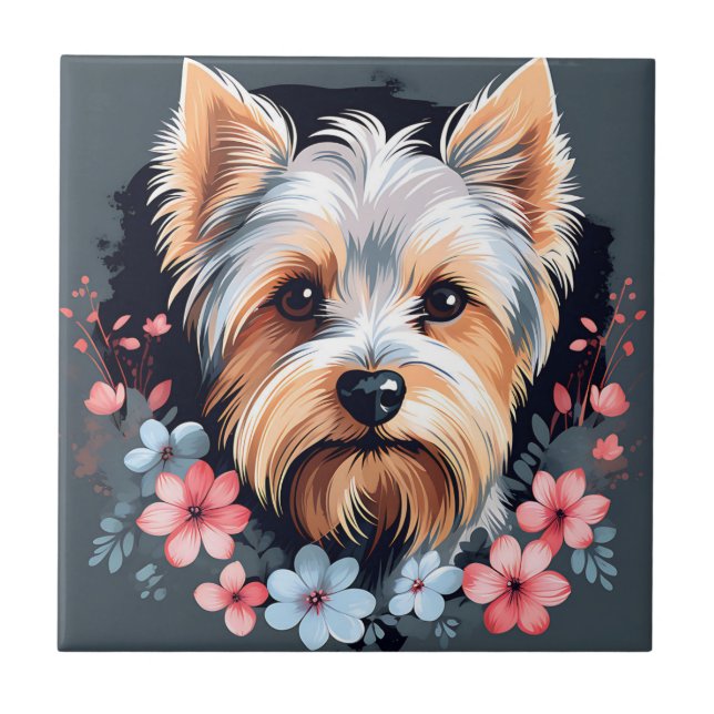 Cute Dog Yorkshire Terrier Flowers Tile (Front)