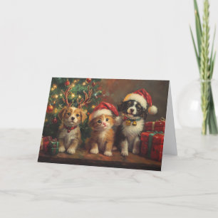 Cute Dogs and Cats Under Christmas Tree Holiday Card
