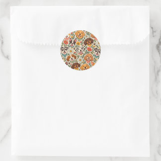 Cute Dogs and Colorful Floral Pattern Classic Round Sticker