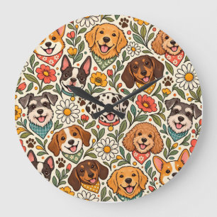 Cute Dogs and Colorful Floral Pattern Large Clock
