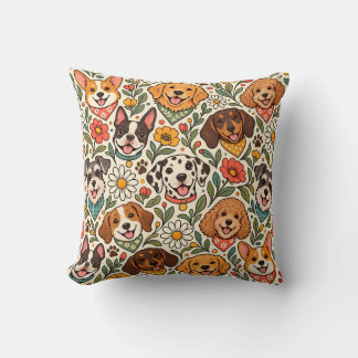 Cute Dogs and Colorful Floral Pattern Throw Pillow