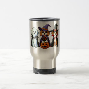 Cute dogs as ghost, witch, and vampire travel mug