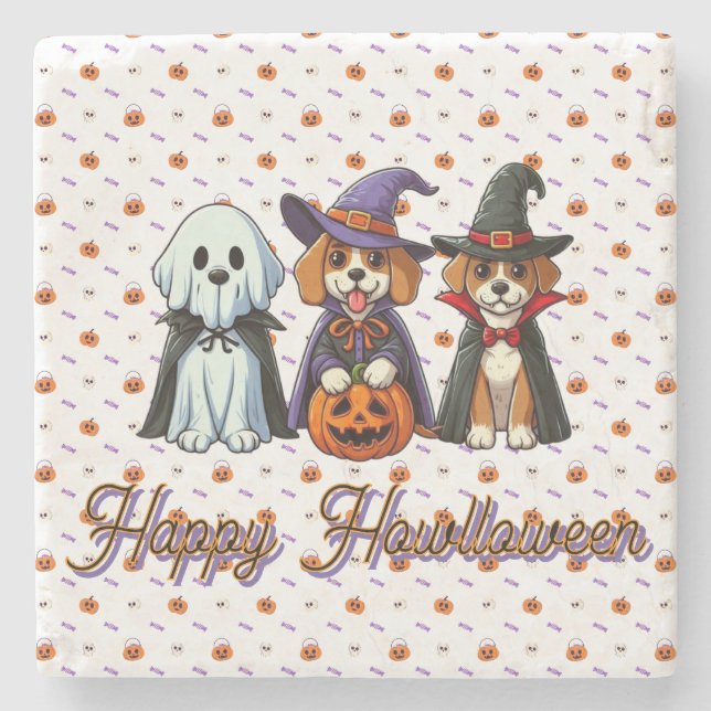 Cute Dogs as ghost, witch, & vampire  Stone Coaster (Front)