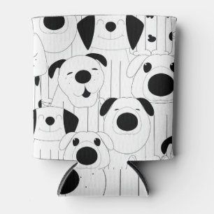 Cute dogs: black, white cartoon. can cooler
