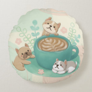 Cute Dogs & Coffee Illustration Round Pillow
