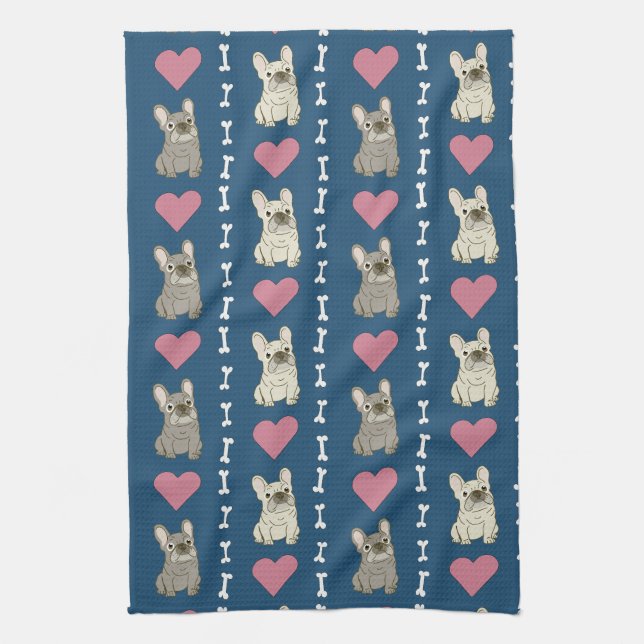 Cute dogs, Frenchie, hearts, and bones Kitchen Towel (Vertical)