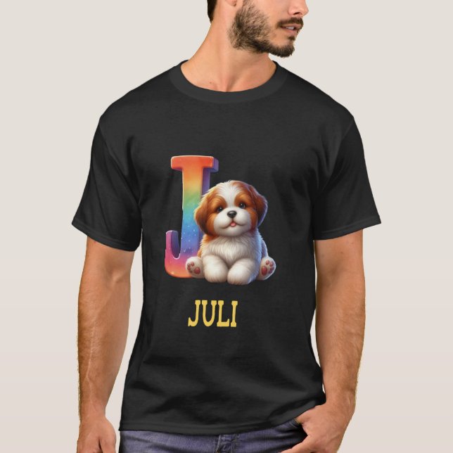 Cute Dogs Letter Juli Name Rainbow Dog T-Shirt (Front)