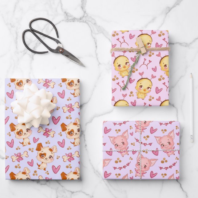 Cute Dogs Pigs Chicks Wrapping Paper Set of 3 (Front)