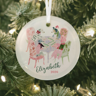 Cute Dogs Playing Mahjong at Christmas Glass Ornament